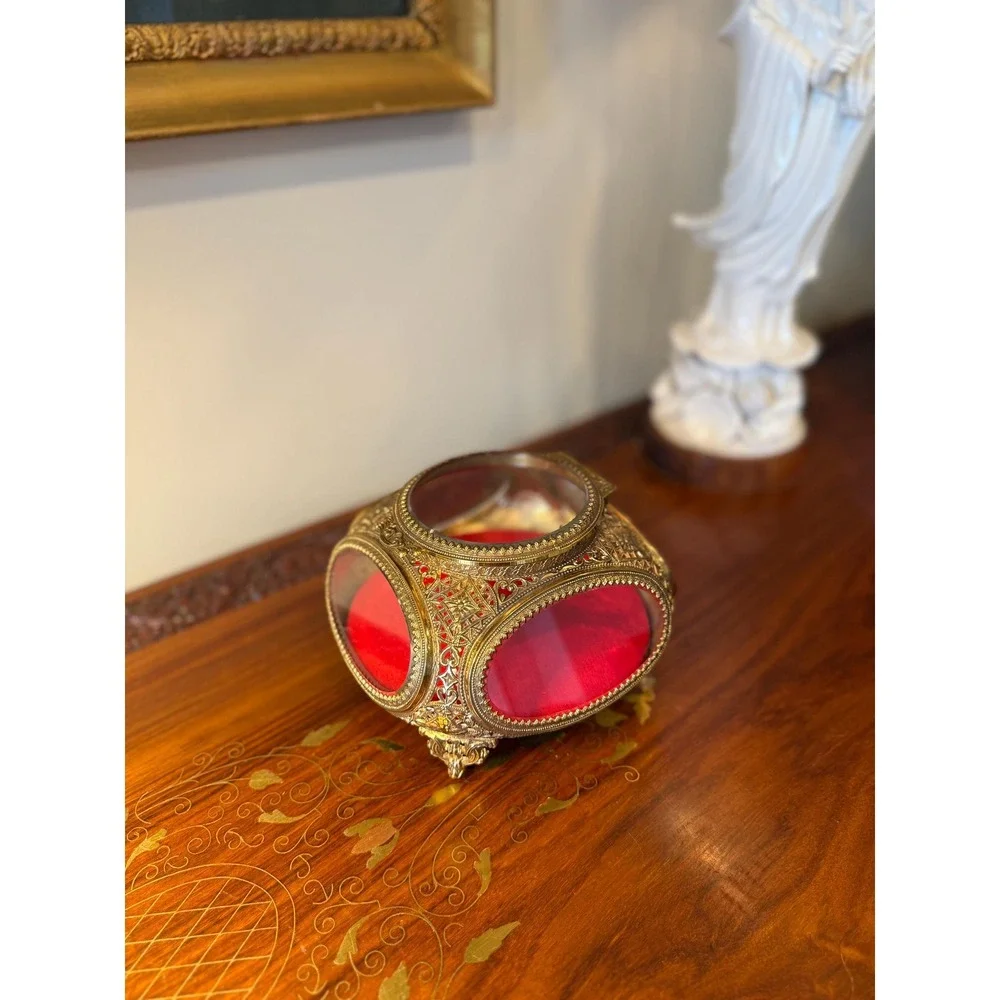 Vintage Ormolu Jewelry Casket Red Velvet Beveled Glass Box - Picture 16 of 17